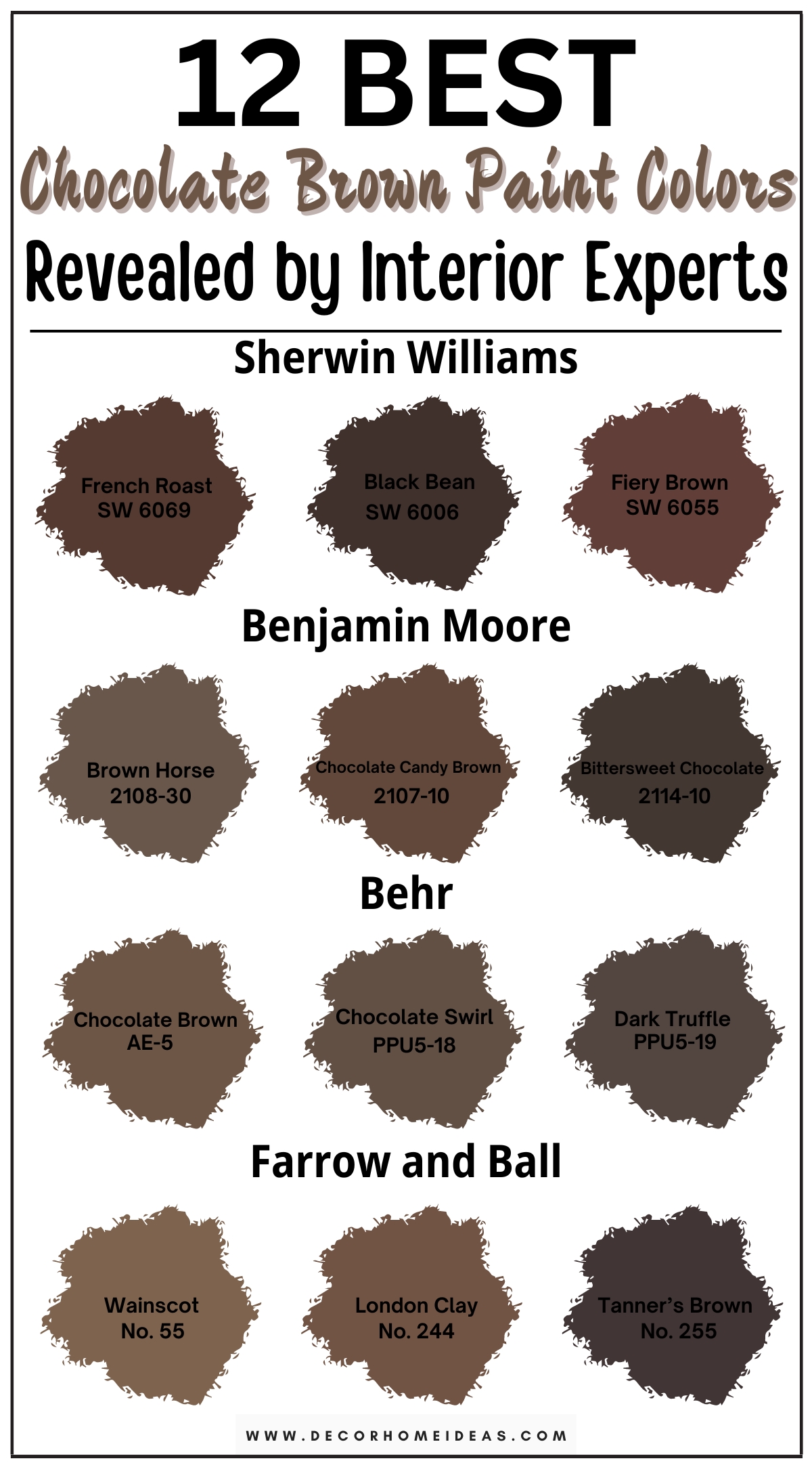 Discover 12 rich chocolate brown paint colors to try now for a touch of warmth and sophistication in your home. These deep, luxurious shades of brown evoke a sense of comfort and elegance, creating a cozy atmosphere in any room. From dark espresso to creamy milk chocolate tones, explore designer-recommended hues that add depth and richness to your interiors. Perfect for living rooms, bedrooms, or dining areas, these chocolate brown paint colors provide a stunning backdrop that enhances your space with timeless charm and a welcoming feel.

